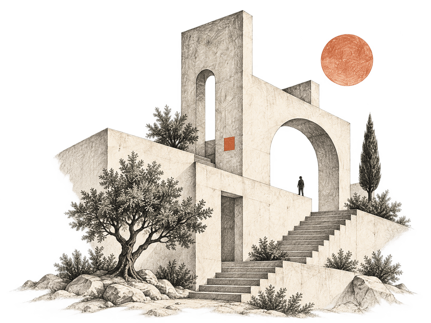 A pencil drawing of sunlit arches, a quiet courtyard, and steps leading to an open doorway